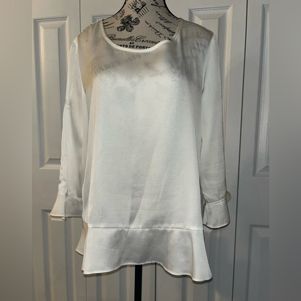 Silky flowing, peekaboo shoulder, white Blouse